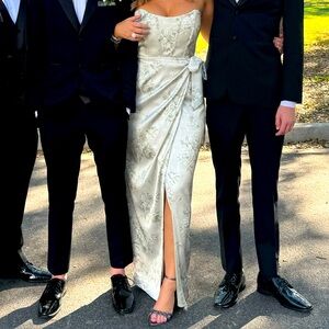 V. Chapman June Printed Corset Front-Slit Satin Gown